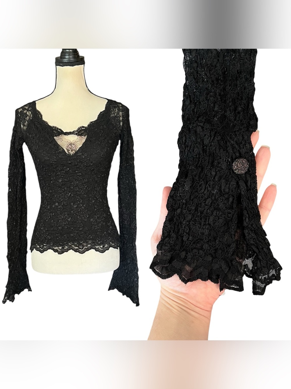 Vintage Ann Ferriday Black Sheer Lace Long Bell Sleeve Top Blouse
